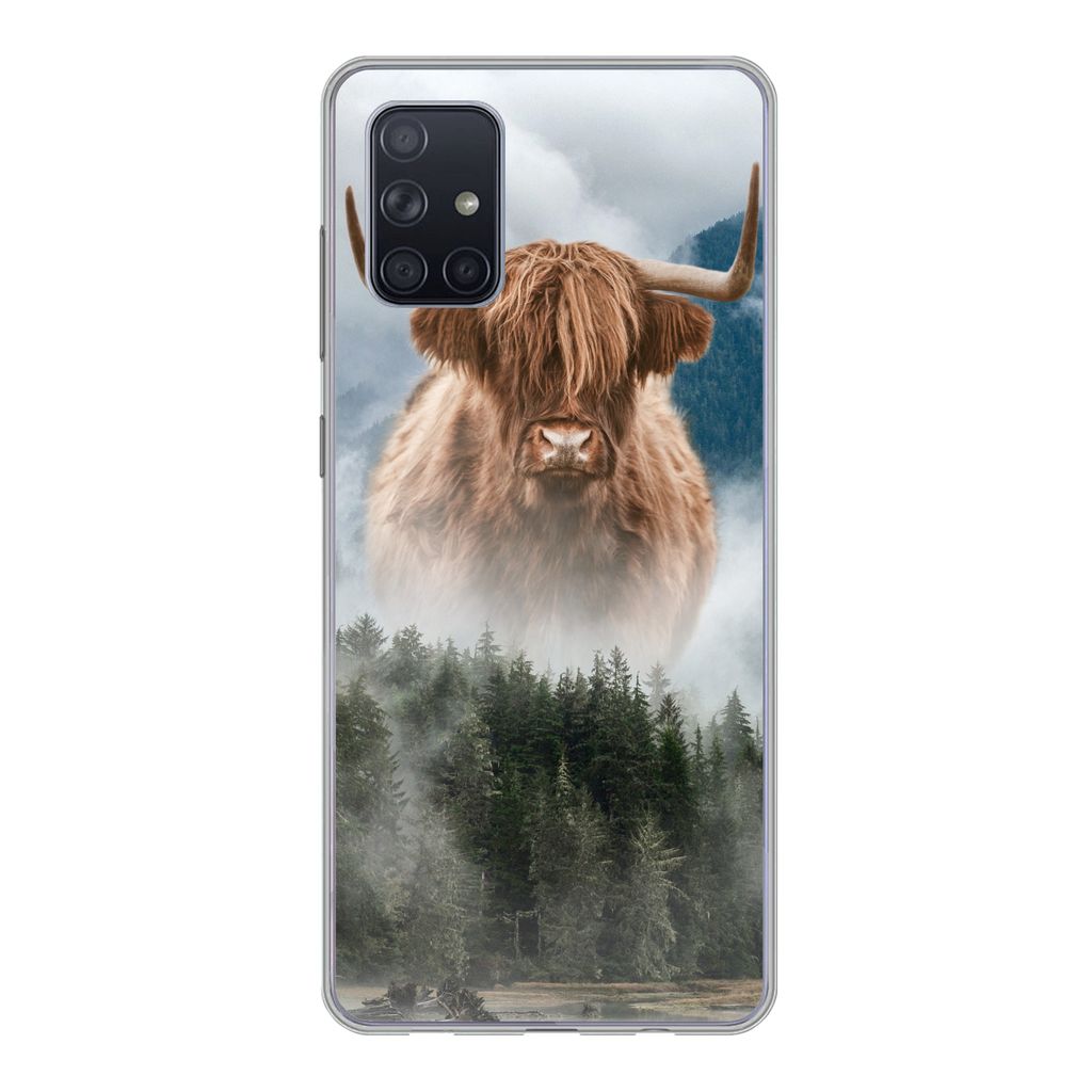 MuchoWow Handyhülle Schutzhülle Hülle für Samsung Galaxy A51 5G Schottische Highlander - Kühe - Nebel Silikon Softcase Handy Hülle - Abbildung