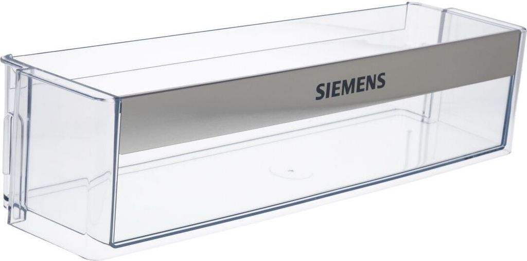 A transparent plastic refrigerator door bin with a gray metallic strip featuring the Siemens logo.