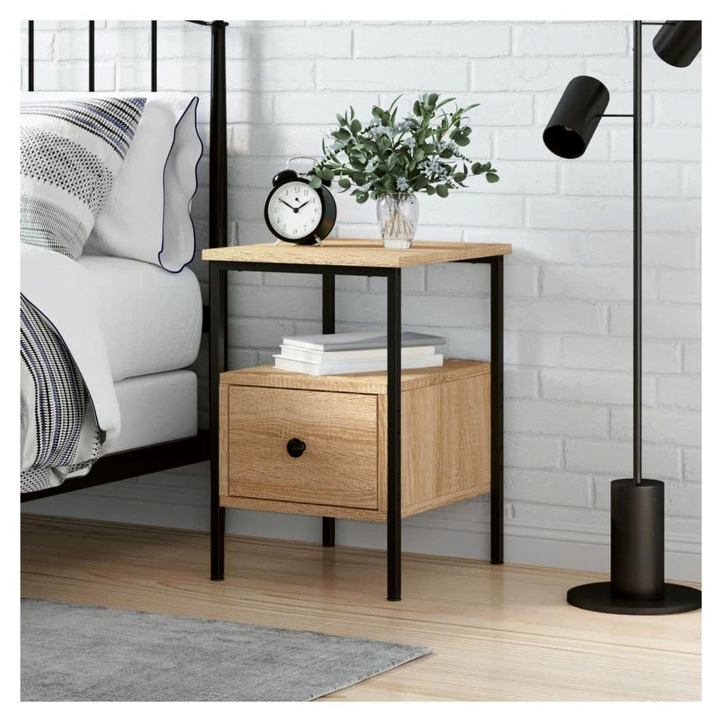 Nachttisch 34x36x50cm Sonoma-Eiche, Holzwerkstoff, Eisen, Wohnzimmer Regal, Kommode Schlafzimmer, Nachttisch mit Ladefunktion, Beistelltisch Holz, ...