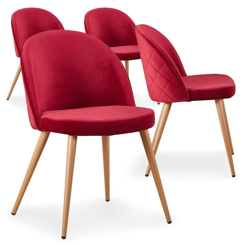 MENZZO Lot de 4 chaises scandinaves Tartan en velours Rouge élégant