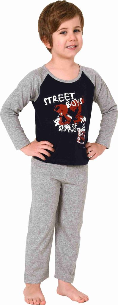 Kleinkinder Jungen langarm Schlafanzug Pyjama mit coolen Front Print ; navy , 104