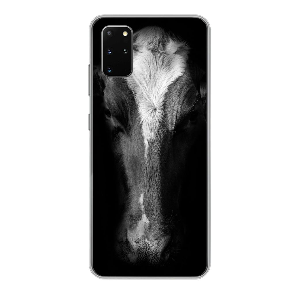 MuchoWow Handyhülle Schutzhülle Hülle für Samsung Galaxy S20 Plus Kuh Porträt auf schwarzem Hintergrund in schwarz und weiß Silikon Softcas...