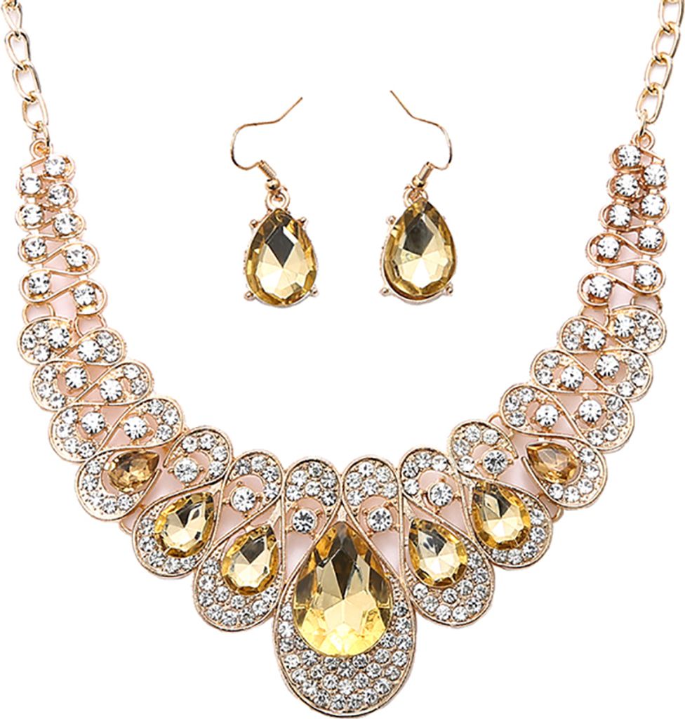 2 Teile/satz Tropfenförmige Strass Statement Bib Halskette Ohrringe Brautschmuck Geschenk-Sekt