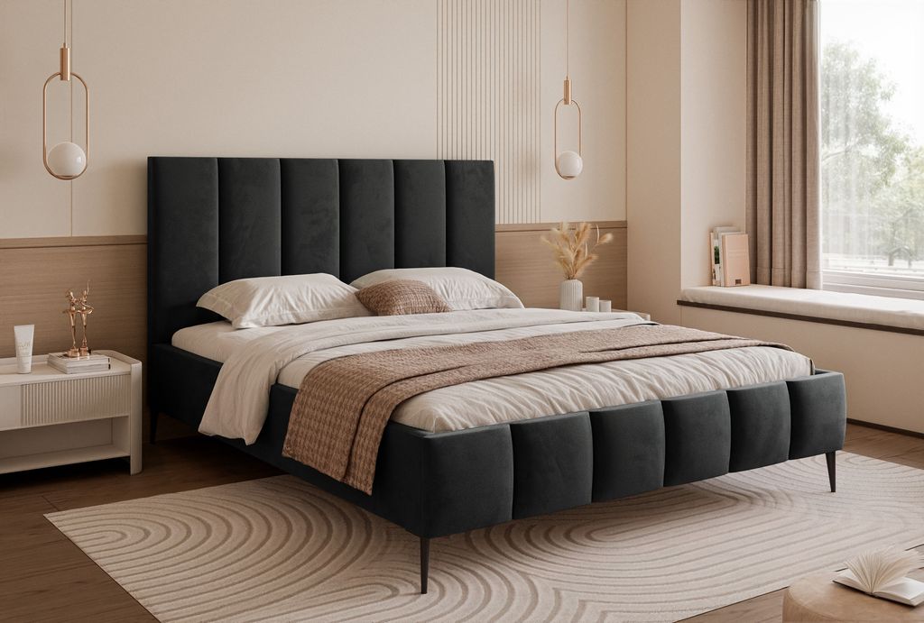 Besilio Möbel - Bett 160x200 Tamara II Slim Samtstoff - Schlafzimmerbett mit Bettkasten & Lattenrost - Schwarz & Velluto 20