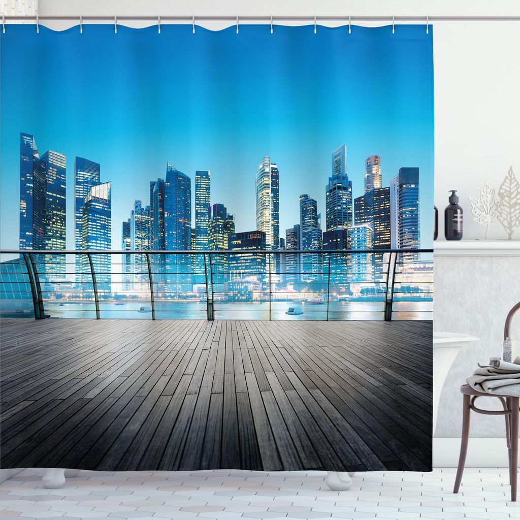 ABAKUHAUS Landschaft Duschvorhang, City Landschaft mit Business Skyline Kai Hafenbecken Foto, 175 x 240 cm, Blassblau Dunkelblau