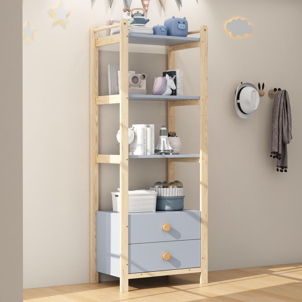 MODFU Standregal Regal mit 2 Schubladen und 4 Ebenen Bücherregal,Aufbewahrungsregal mit Kieferrahmen und Vollholzgriffen,blau+natürliches Holz