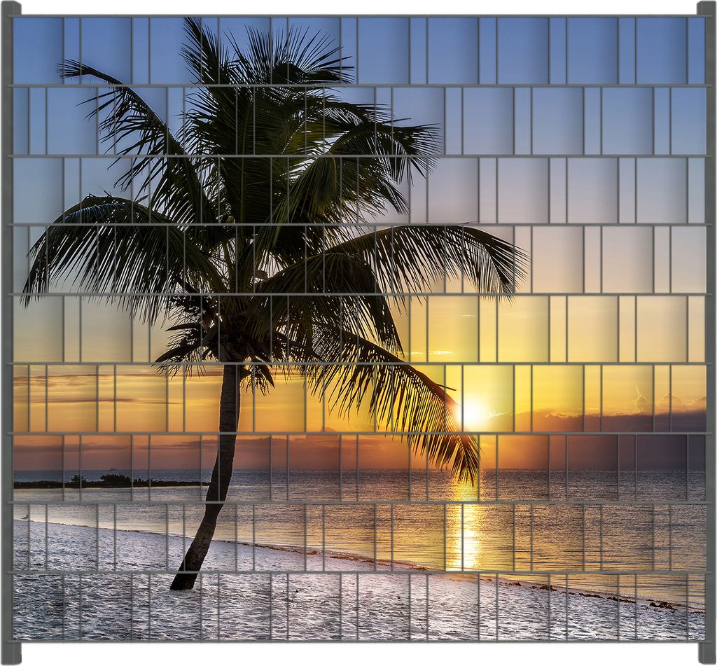 Wallario Zaunsichtschutz mit Motiv Palme am Strand - Sonnenuntergang über dem Meer für Ein- und Doppelstabmatten Zäune in der Größe 200 x 180 cm