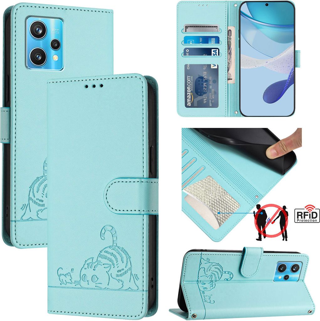 Leder Hülle für Realme 9 4G Süße Katze Flip Case Brieftasche Schutzhülle mit Standfunktion hellgrün