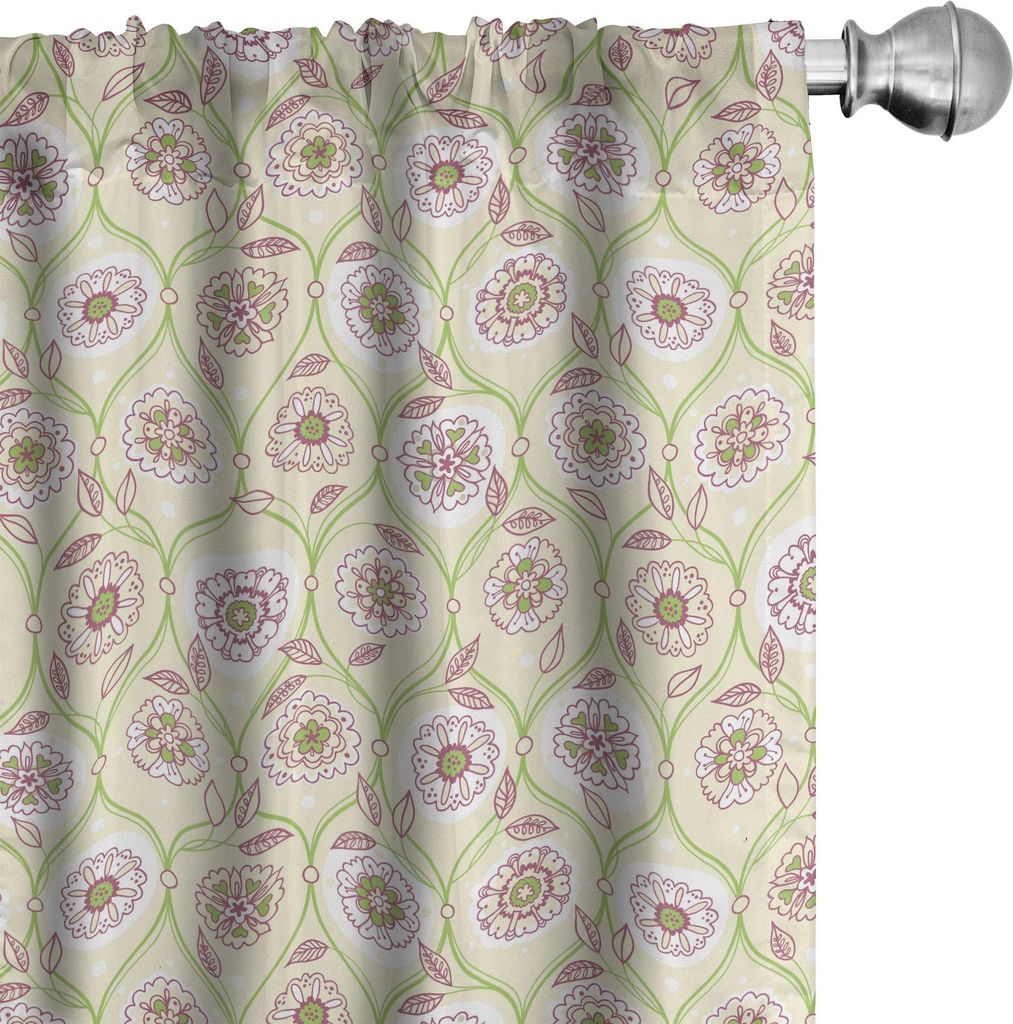 ABAKUHAUS Blumen Vorhänge, Gardinen, Repetitive Vintage Blumen Frühlings-Kunst-Illustration, 2 Stück 75 x 245 cm, Creme Avocadogrün