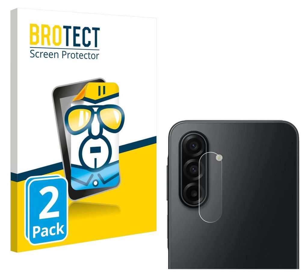 A product image showing packaging for a screen protector and a close-up of a phone's camera lens with a screen protector applied.