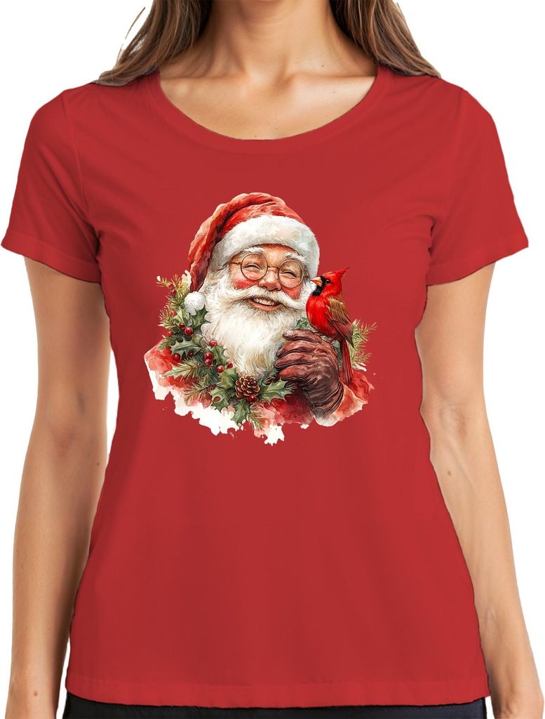Weihnachtsmann Kardinal Vogel Stechpalme Kiefernzapfen Aquarell Damen T-Shirt, Rot, XXL