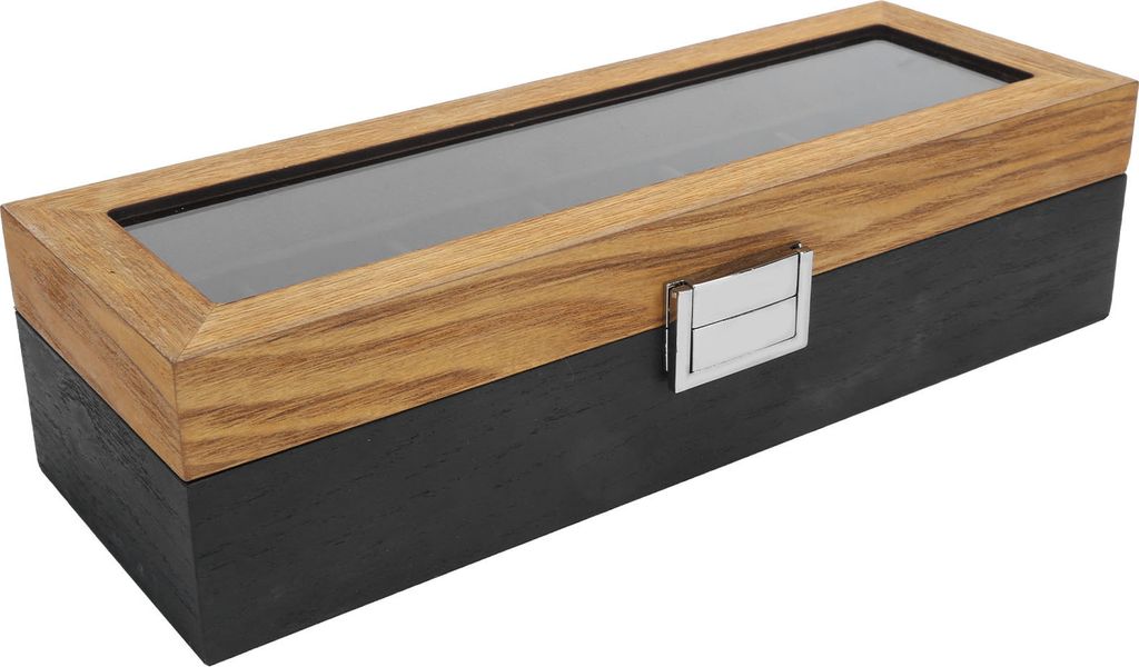 A wooden watch box with a glass lid and a metal clasp.