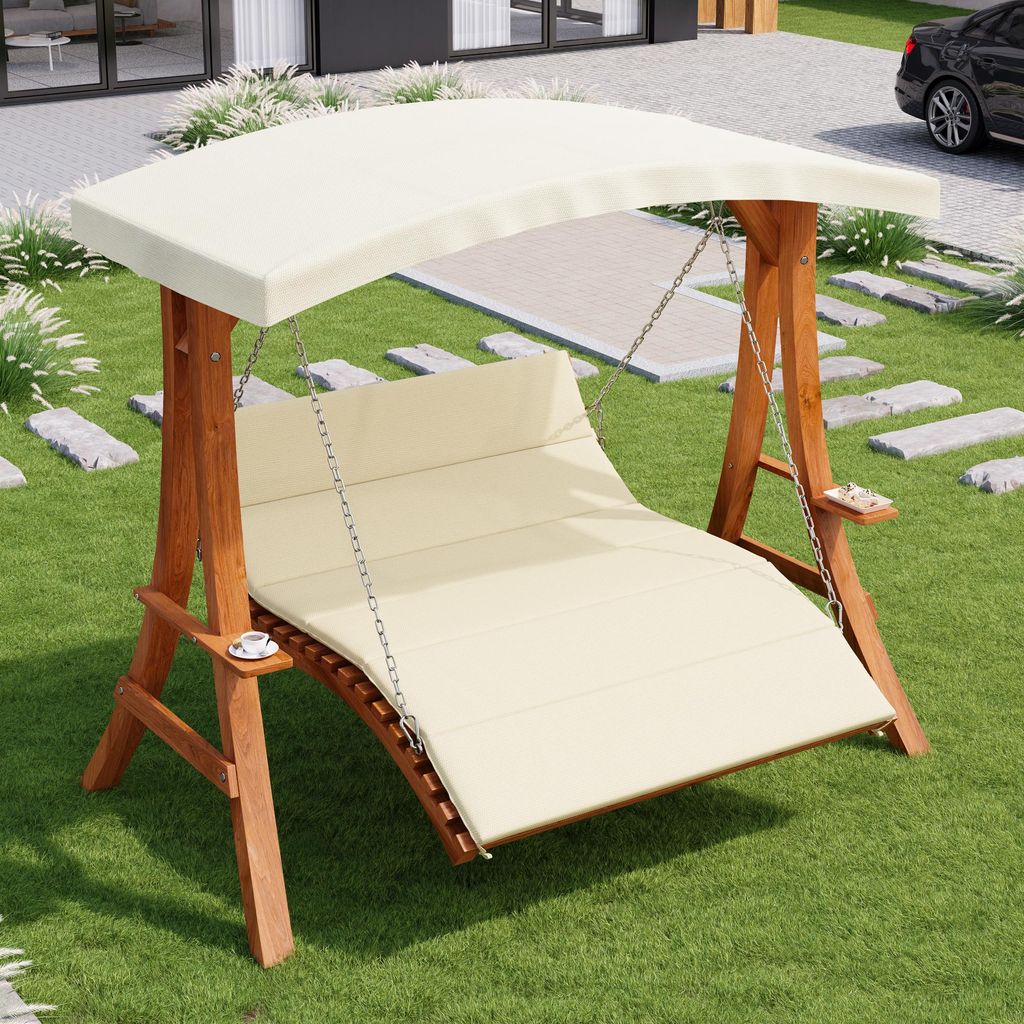 MODFU Hollywoodschaukel,Gartenschaukel mit Verstellbare Rückenlehne und Gebogenes Sonnendach,Lounge Gartenmöbel,Lärchenholz,Natürlich