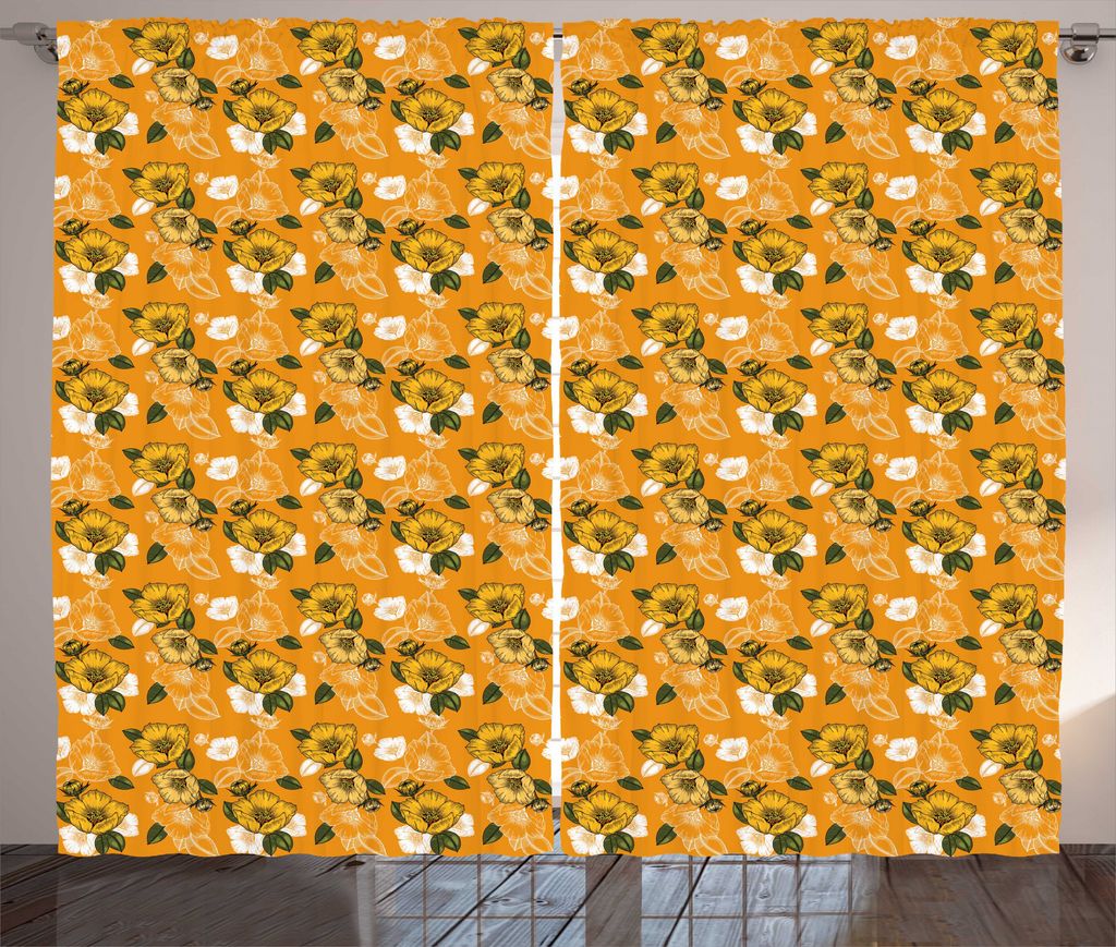 ABAKUHAUS Hawaii Rustikaler Gardine, Orange-Töne Spring Blossom, Schlafzimmer Kräuselband Vorhang mit Schlaufen und Haken, 280 x 175 cm, Ringelbl...