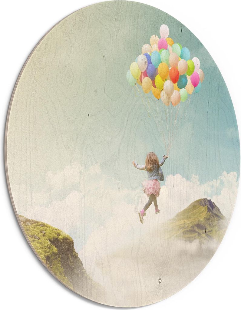 DEQORI Holzbild Ø 50 cm 'Mädchen an Luftballons' Bild auf Holz Wandbild Kunstdruck