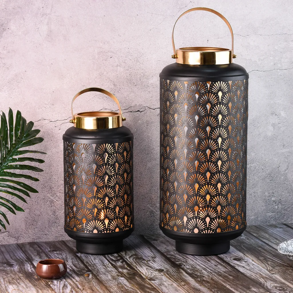 Lot de 2 photophores de jardin Braga - Lanterne déco métal noir 25cm