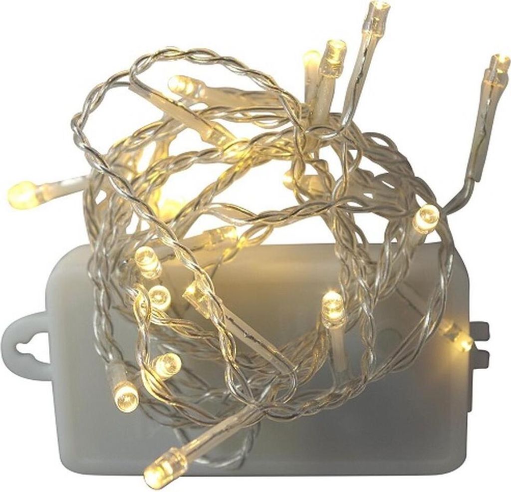 A string of warm white LED lights coiled around a white battery pack.