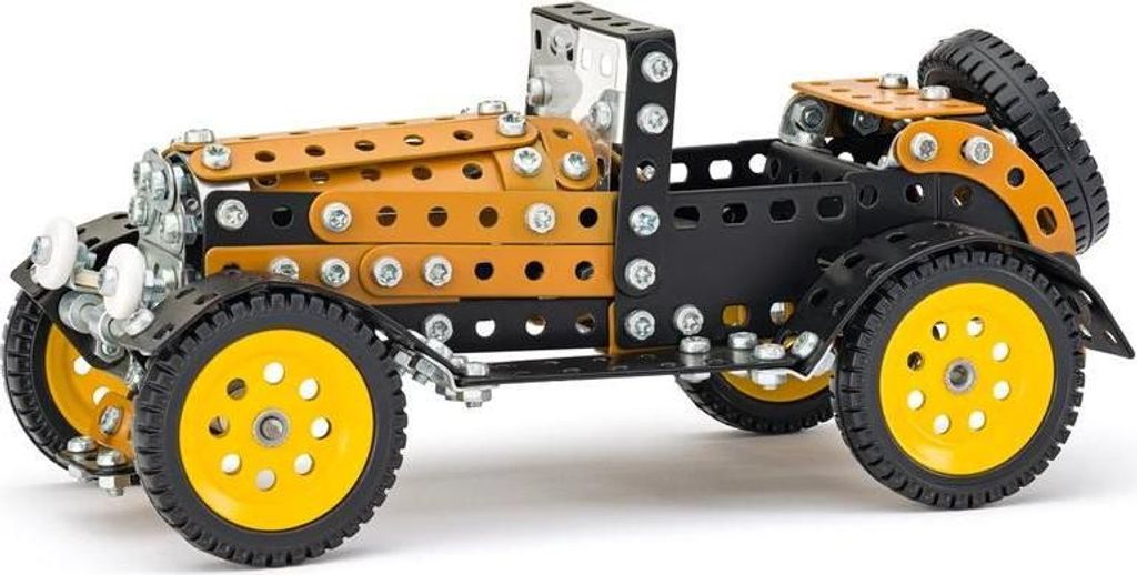 A detailed model of a vintage car made from construction toy parts.