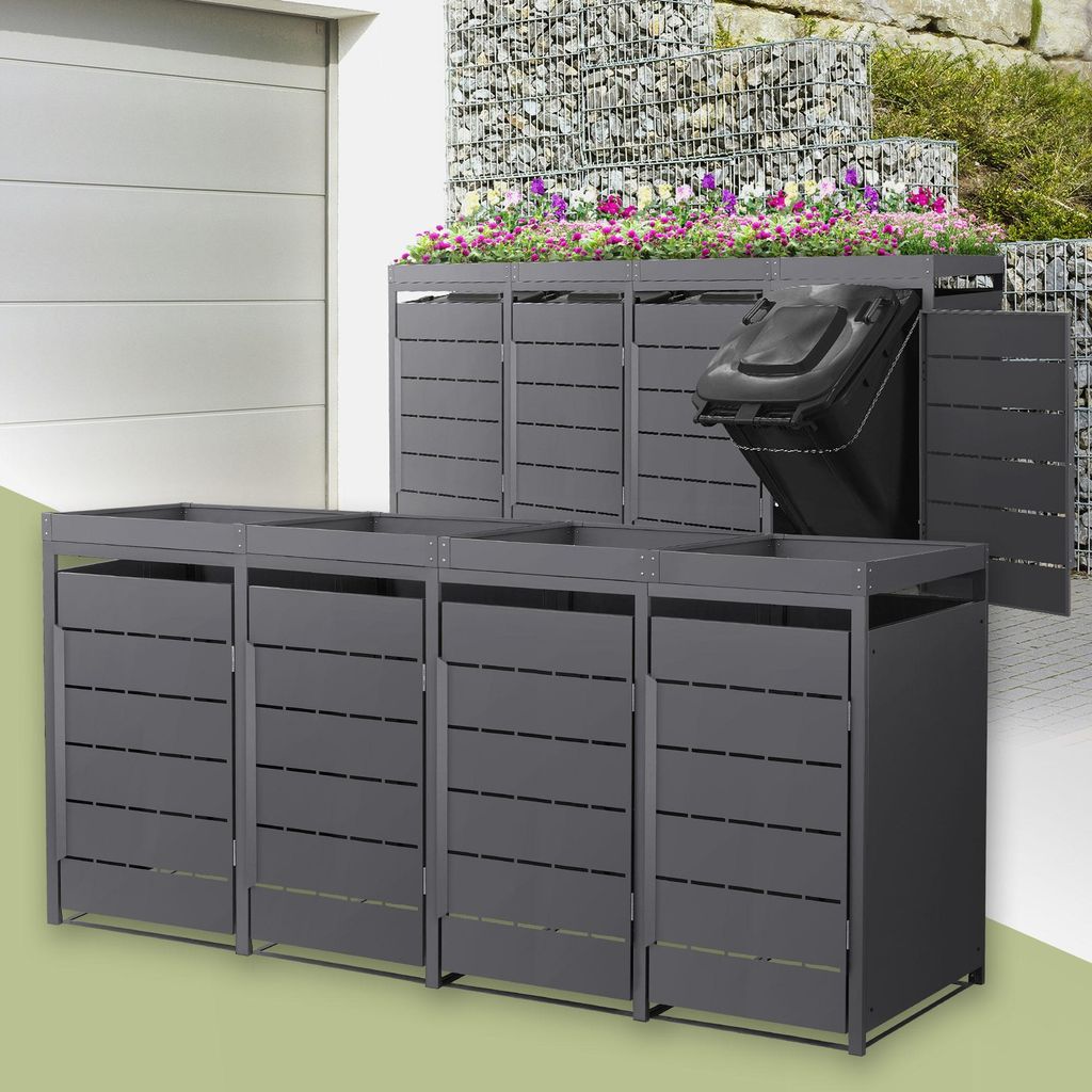 ML-Design Mülltonnenbox 4er mit Pflanzdach, Mülltonnenverkleidung für 4 Tonne, 240L, 260x80x124 cm, Anthrazit, aus Stahl, wetterfest, Müllbox m...