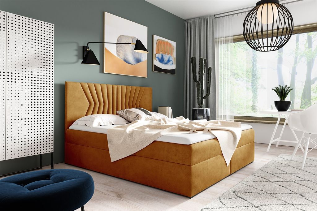 Boxspringbett Schlafzimmerbett 200x220cm LAZARO Nr.2 Gelb inkl. Bettkasten