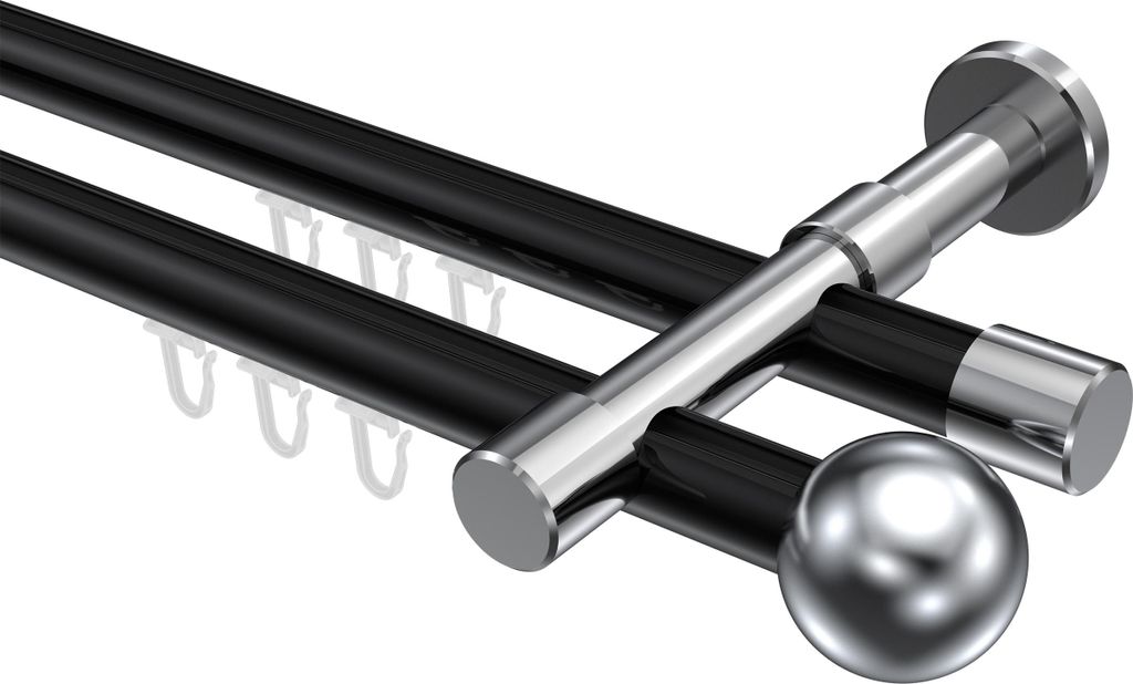 Interdeco Innenlaufstange / Gardinenstange mit Innenlauf Schwarz / Chrom, Typ Prestige Luino (Kugel), 20 mm Ø 2-läufig, 520 cm
