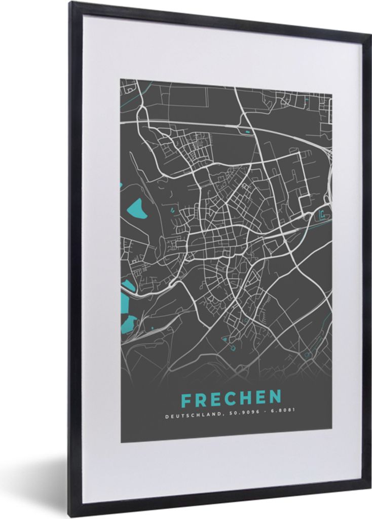 MuchoWow Gerahmtes Poster Stadtplan - Frechen - Deutschland - Karte 40x60 cm - Poster mit Schwarzem Bilderrahmen Wandposter Rahmen Foto Bilder - ...