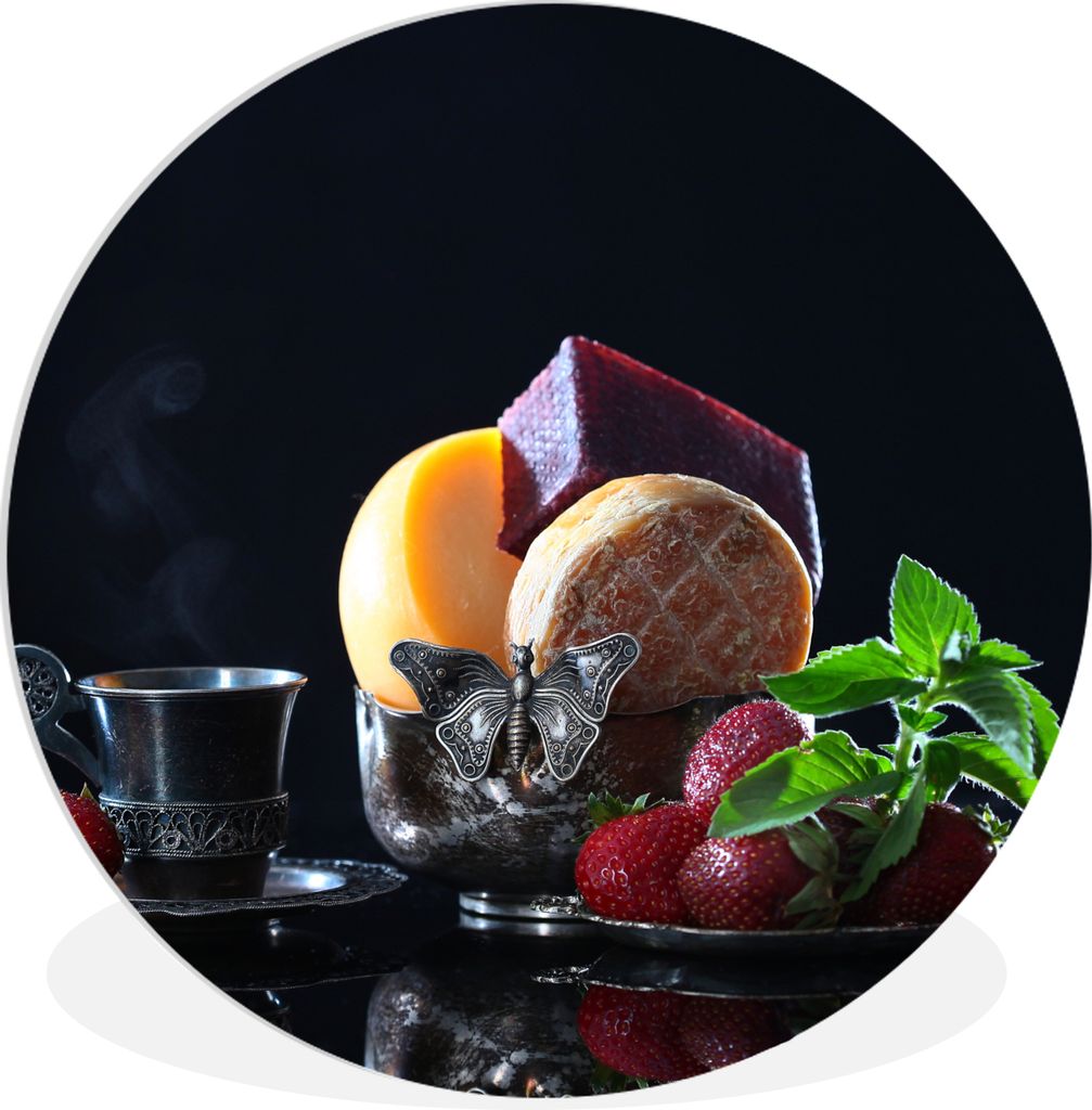 MuchoWow Rundes Wandbild - Runde Bilder Rustikal - Obst - Käse - Tisch - Stilleben Ø 90 cm Kreis Wanddekoration Kunststoff - Wandkreis - Wandsc...