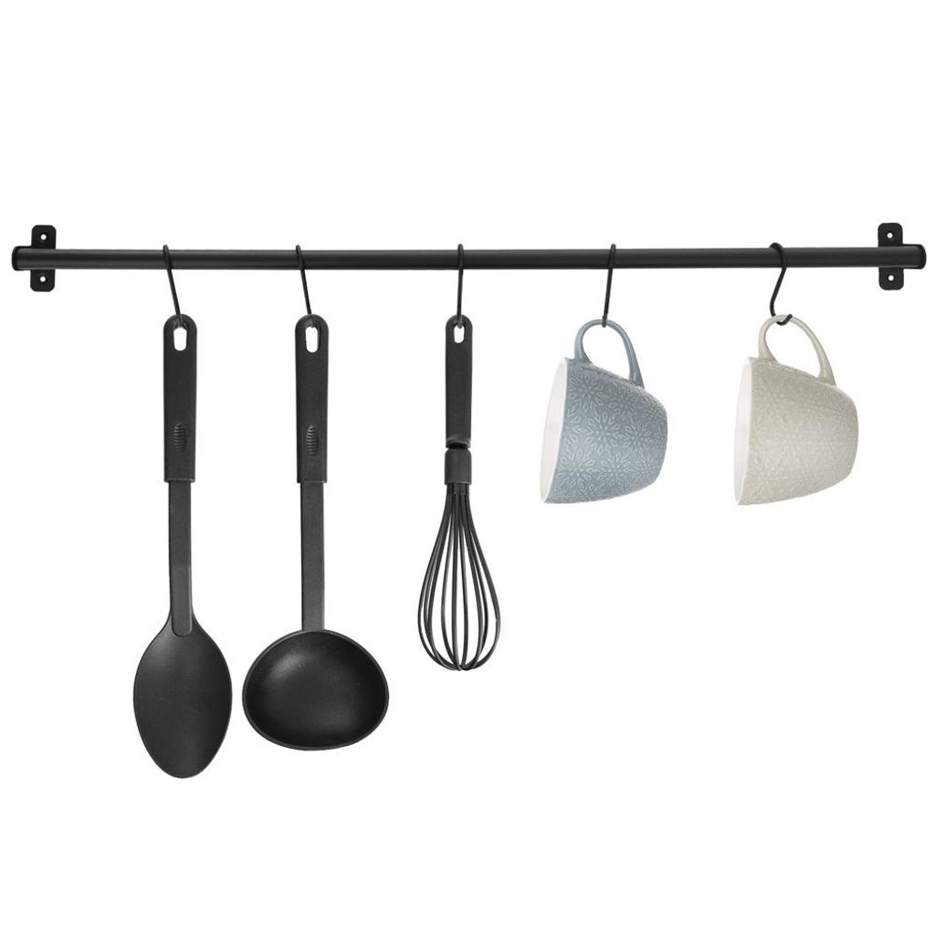 Küchenutensilien-Hängeleiste Mit 5 Haken – Wandmontiert, Aus Aluminium (30 Cm, Schwarz)