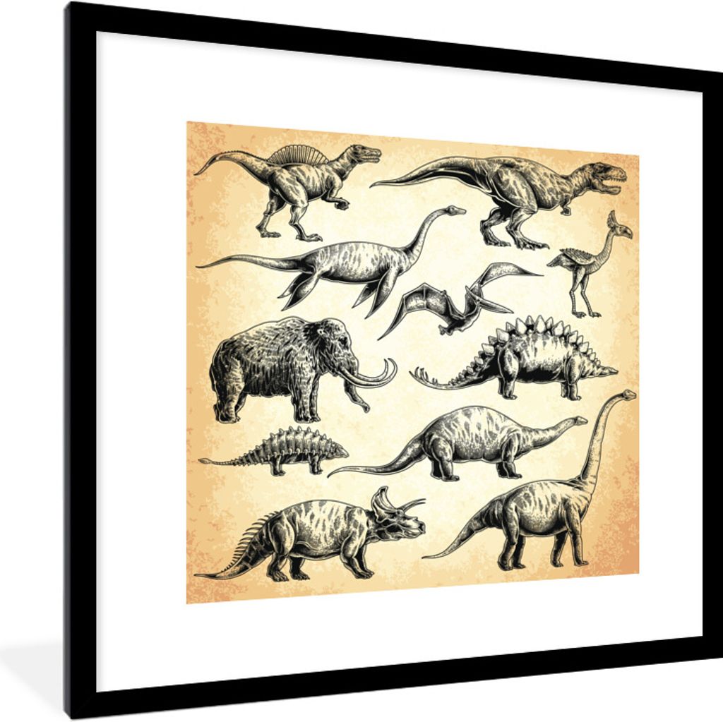 MuchoWow Gerahmtes Poster Dinosaurier - Vintage - Zeichnung - Kinder - Kinder - Kind 40x40 cm - Poster mit Schwarzem Bilderrahmen Wandposter Rahm...