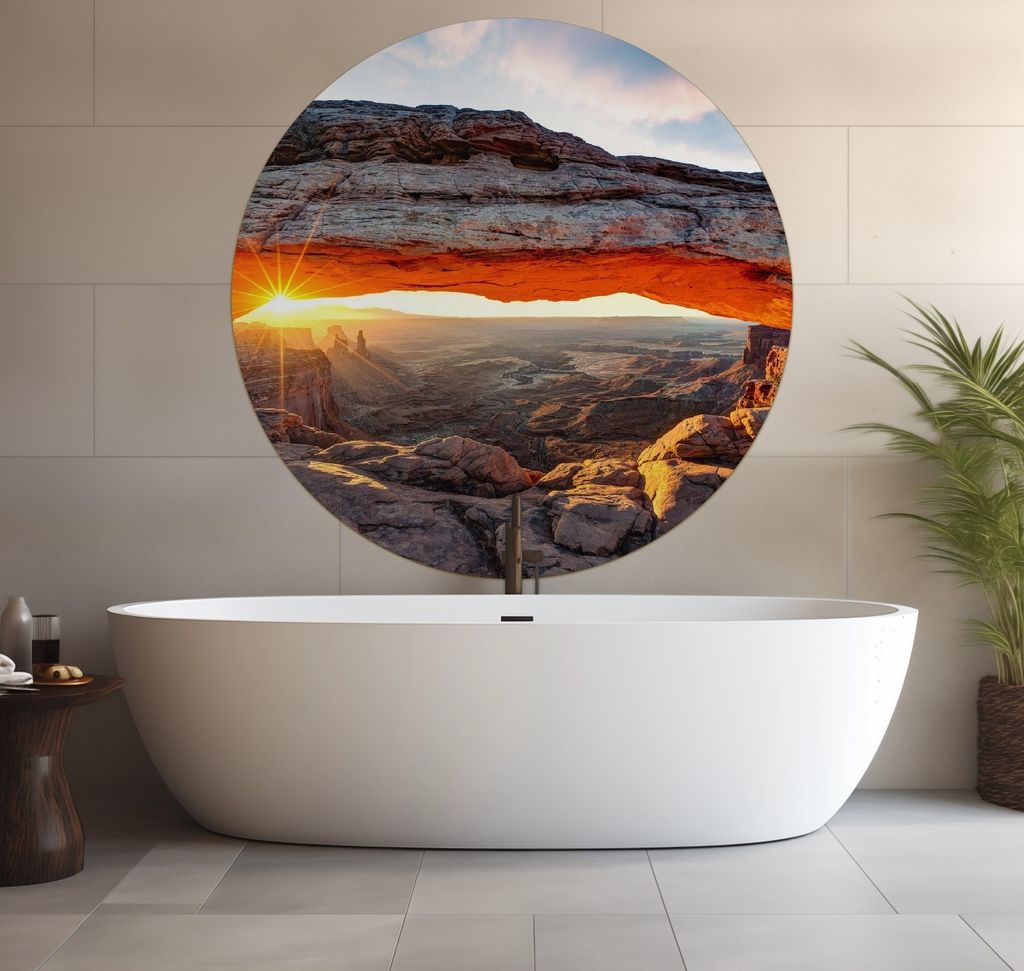 Wallario wasserfestes Poster selbstklebend 120 x 120 cm, Sonnenstrahl am Horizont Leuchtende Felsspalte, Badezimmerposter Spritzschutz mit Hochglan...