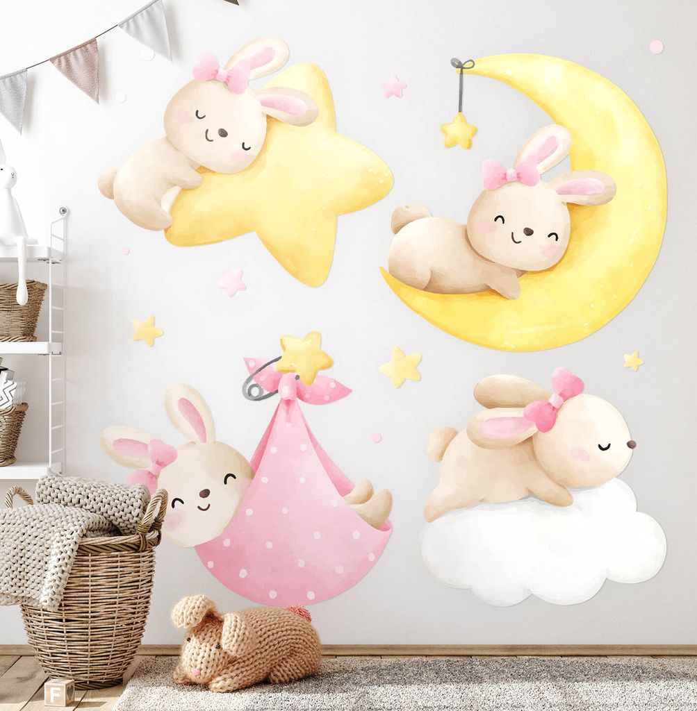 Hasen am Himmel– Wandgestaltung – Wandbilder Kinder – Motivtapeten Set – Wanddekor Kinderzimmer – Selbstklebende Wandsticker – 60x88 cm