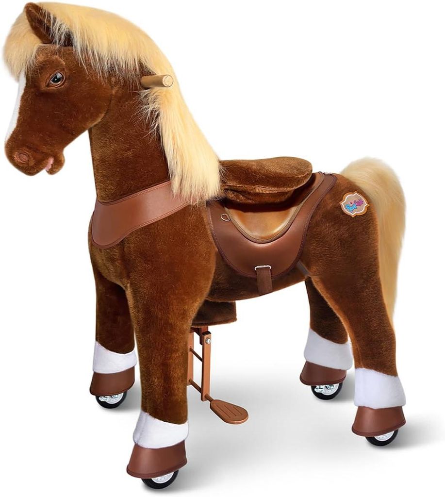 PonyCycle Modell Y Ride-on Pony auf Rädern für Kinder 7+, Braun Plüschpferd-Spielzeug mit Geräuschen & Bremse, Geburtstagsgeschenk für Kinder ...