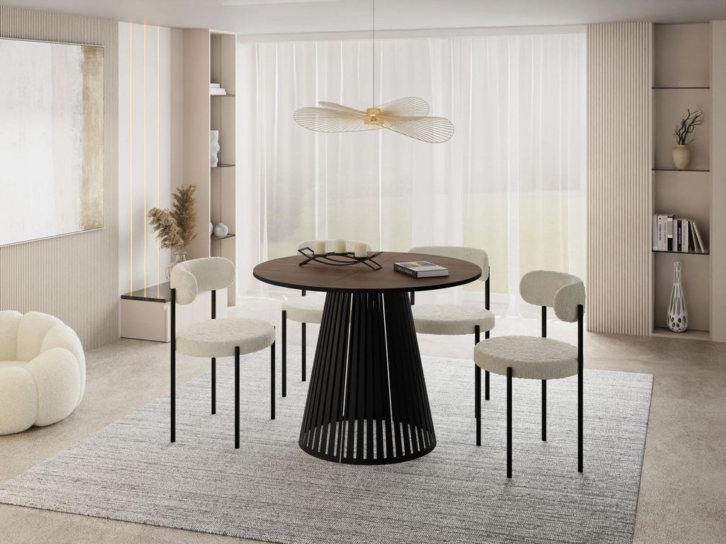 Esstisch Rund Ausziehbar mit Lamellen im Loft-Stil – 100 bis 180 cm – Industrieller Tisch mit Schwarzen Metallbeinen, Platzsparend für Wohnzim...