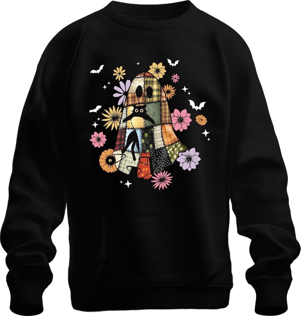 Halloween Geist Patchwork Katze Blumen Herbst Vintage Boho Sterne Uni Sweatshirt Pullover, Schwarz, XL