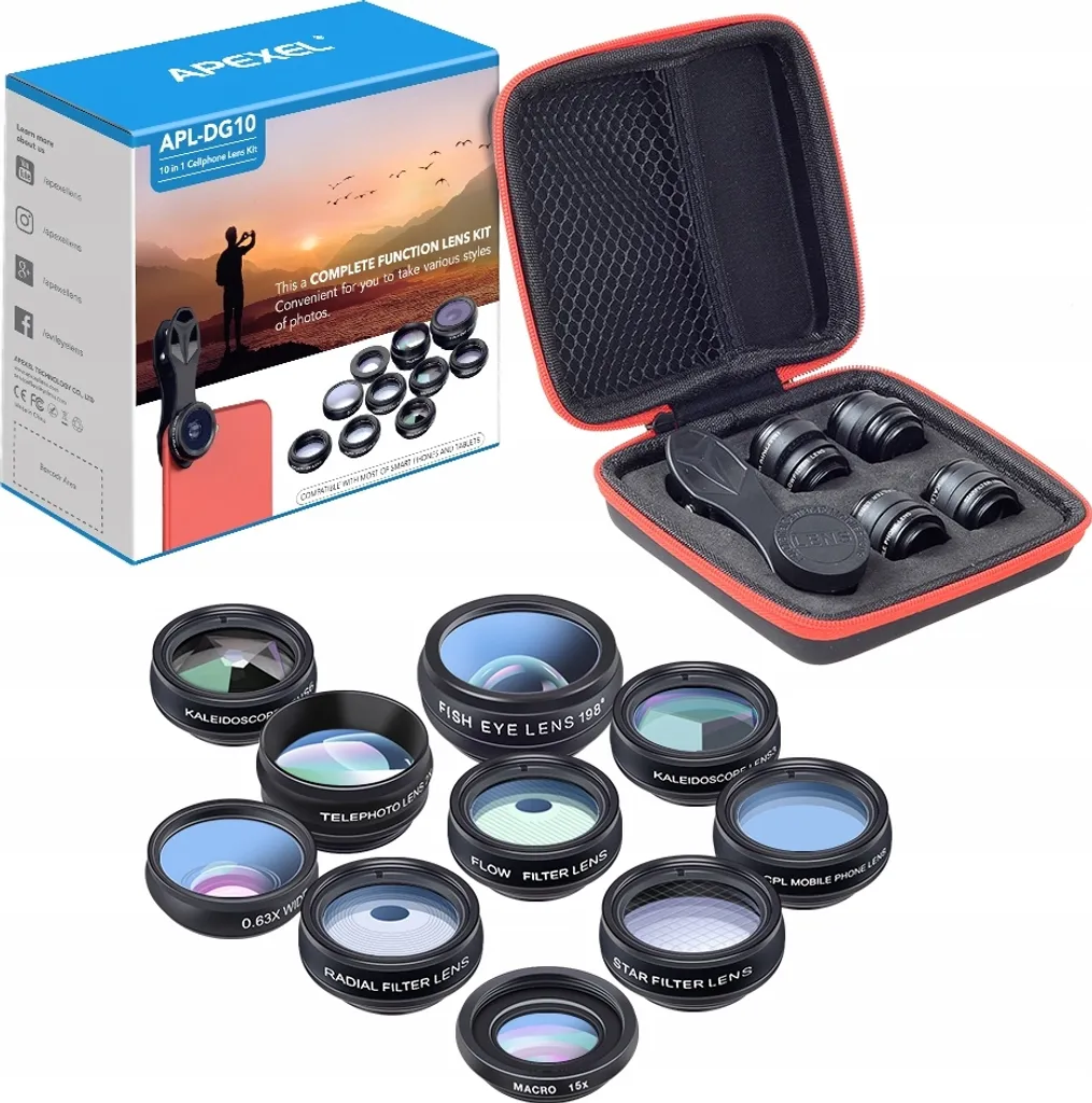 Kit Objectif Smartphone 10 en 1 APEXEL Lentille Macro et Grand Angle Pro