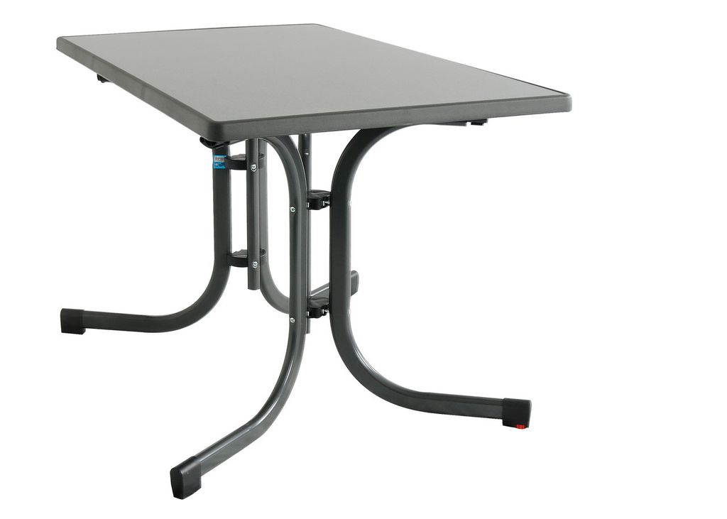 A gray rectangular table with a dark gray metal frame, shown from a three-quarter angle against a white background.