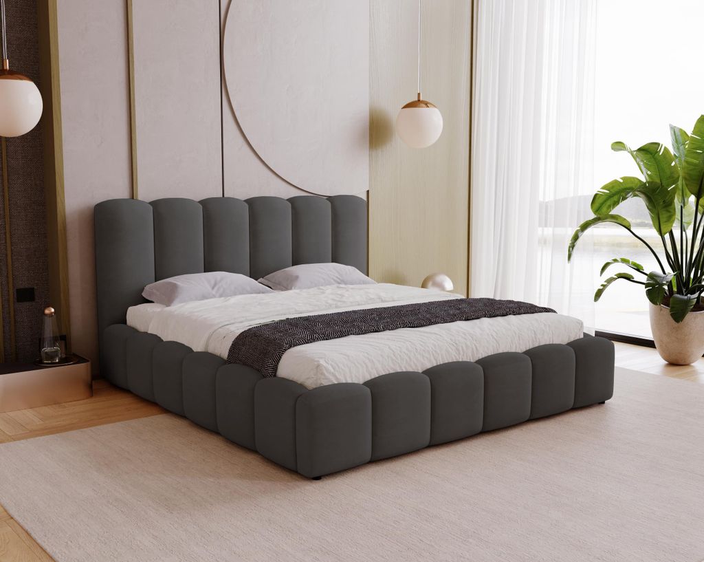 Polsterbett 200x200 cm Florent - Bettkasten, Lattenrost - Doppelbett 200 x 200 cm, Samtstoff Dunkelgrau (Magic Velvet 2271)