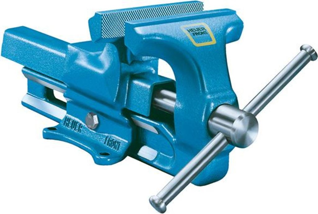 A blue metal vise on a white background.