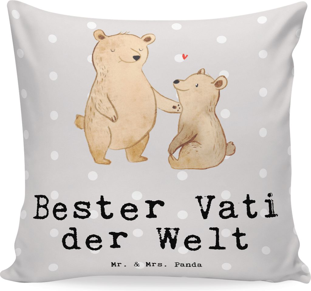 Mr. & Mrs. Panda Dekokissen Bär Bester Vati der Welt - Grau Pastell - Geschenk, Bedrucktes Kissen, Geschenkidee, Mann, 40x40, Familie, Geburtstag,...