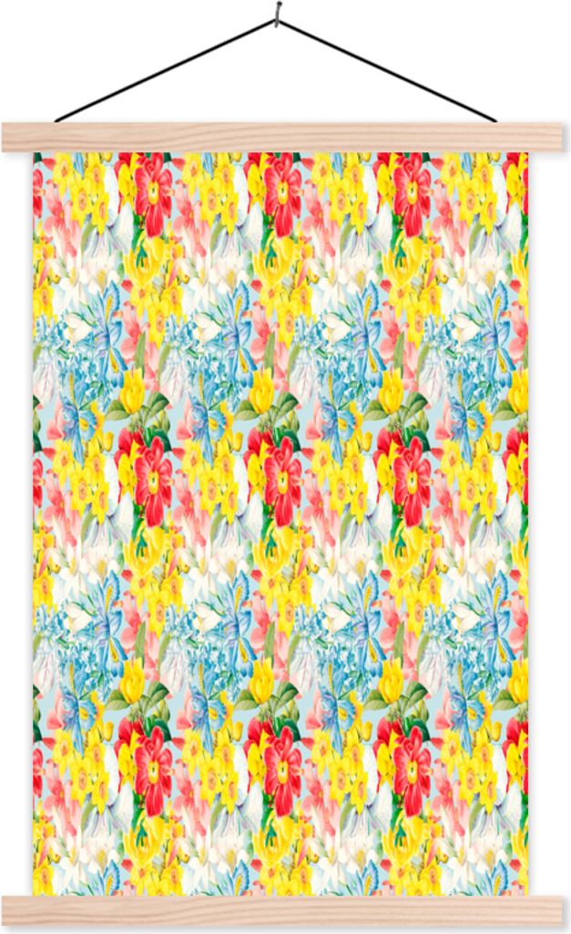 MuchoWow Textilposter Blumen - Muster - Farben 120x180 cm mit holzfarbenen Rahmen - Textil-Plakat