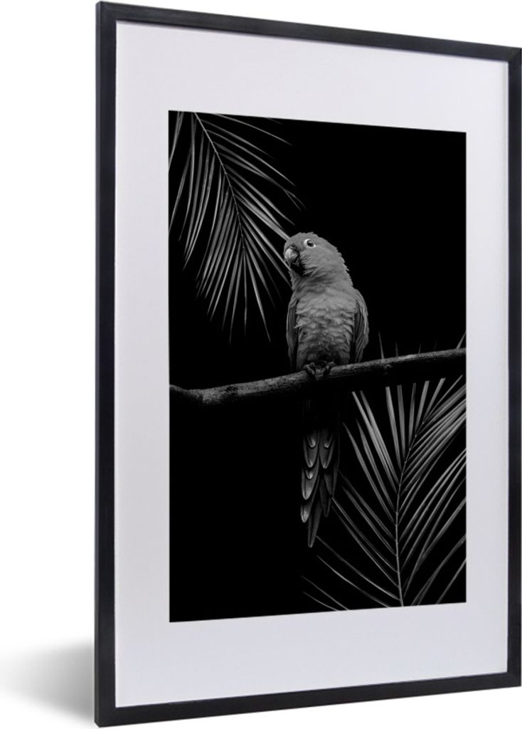 MuchoWow Gerahmtes Poster Vogel auf schwarzem Hintergrund mit Palmzweigen - schwarz und weiß 40x60 cm - Poster mit Schwarzem Bilderrahmen Wandpo...