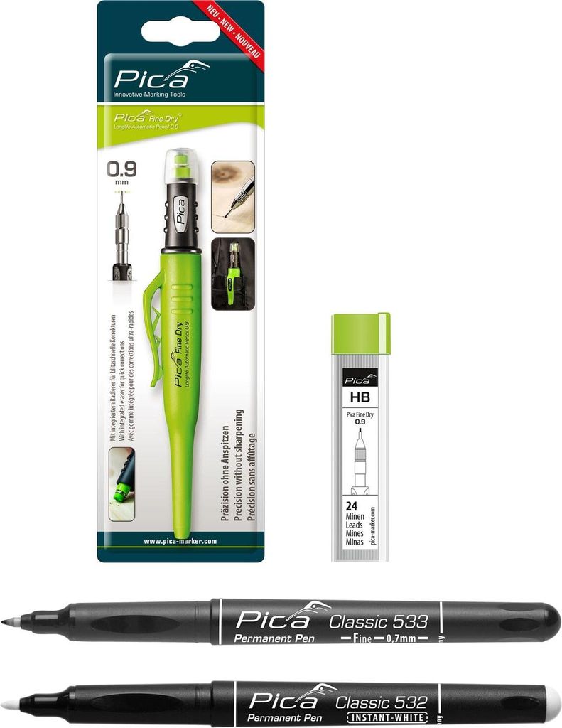 vasalat Pica Fine Dry Tieflochmarker + Ersatzminen HB + Permanent Pen Fine schwarz + Permanent Marker weiß Set 4-teilig