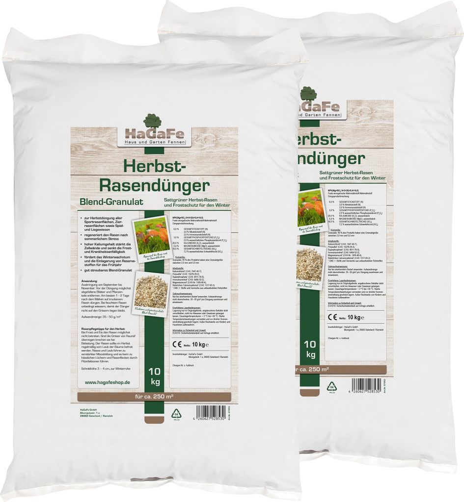 20kg (2 x 10kg) HaGaFe Herbstrasendünger, Herbst - Rasendünger, Herbst - Dünger, Kaliumdünger für Frosthärte und Standfestigkeit, Blend - Gra...