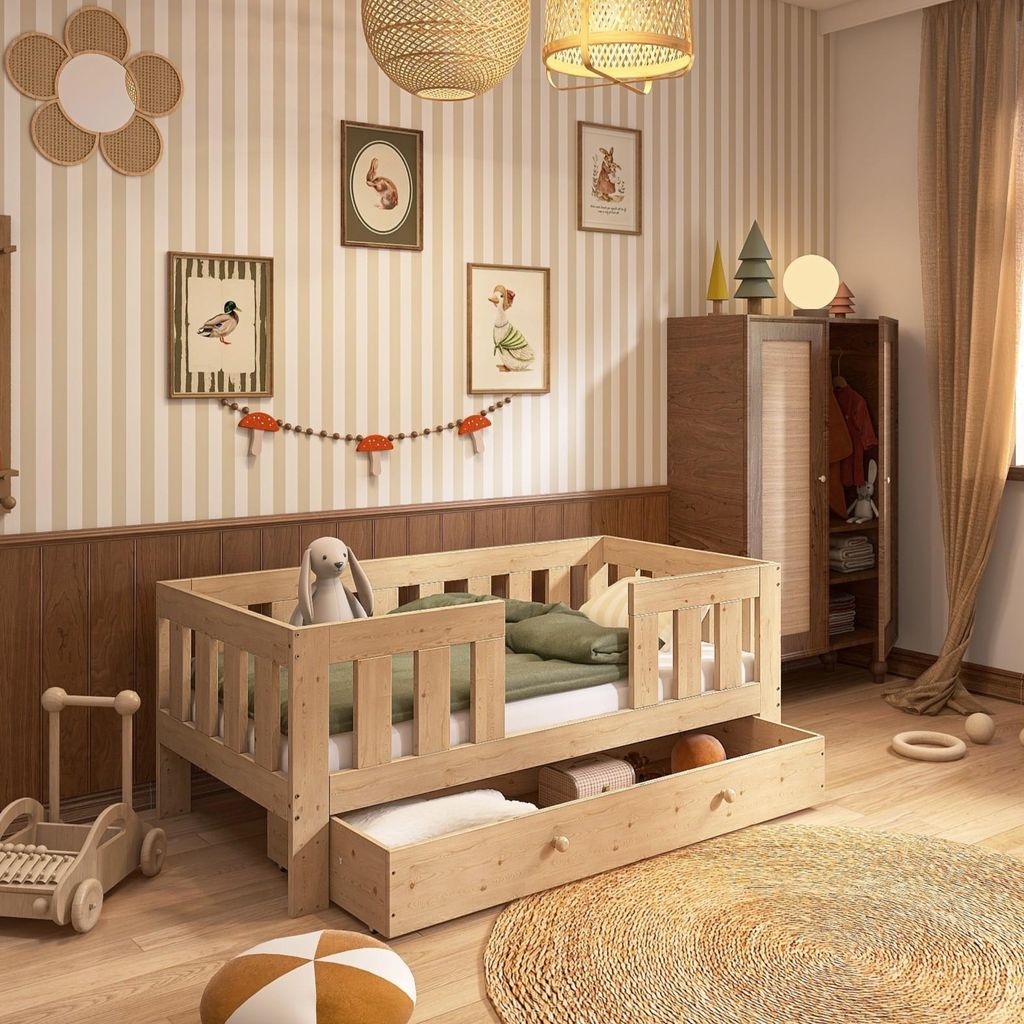 Kinderbett mit hochem Rausfallschutz und Schublade, 80x160 Produktbild 