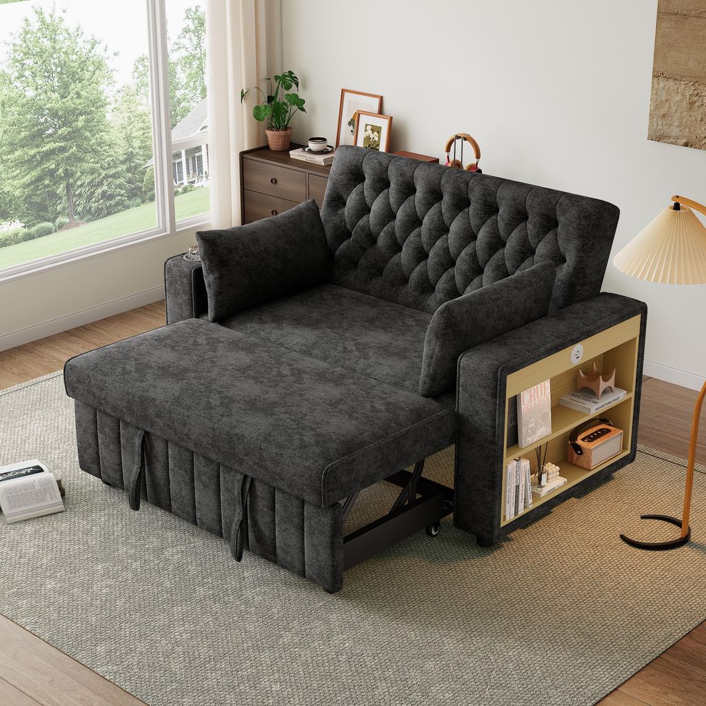 Merax 2-Sitzer Schlafsofa mit Schlaffunktion, 2 Kissen, USB, Type-C, Getränkehalter, Seitenablage, Verstellbare Rückenlehne, Chenille Bettsofa, Grau