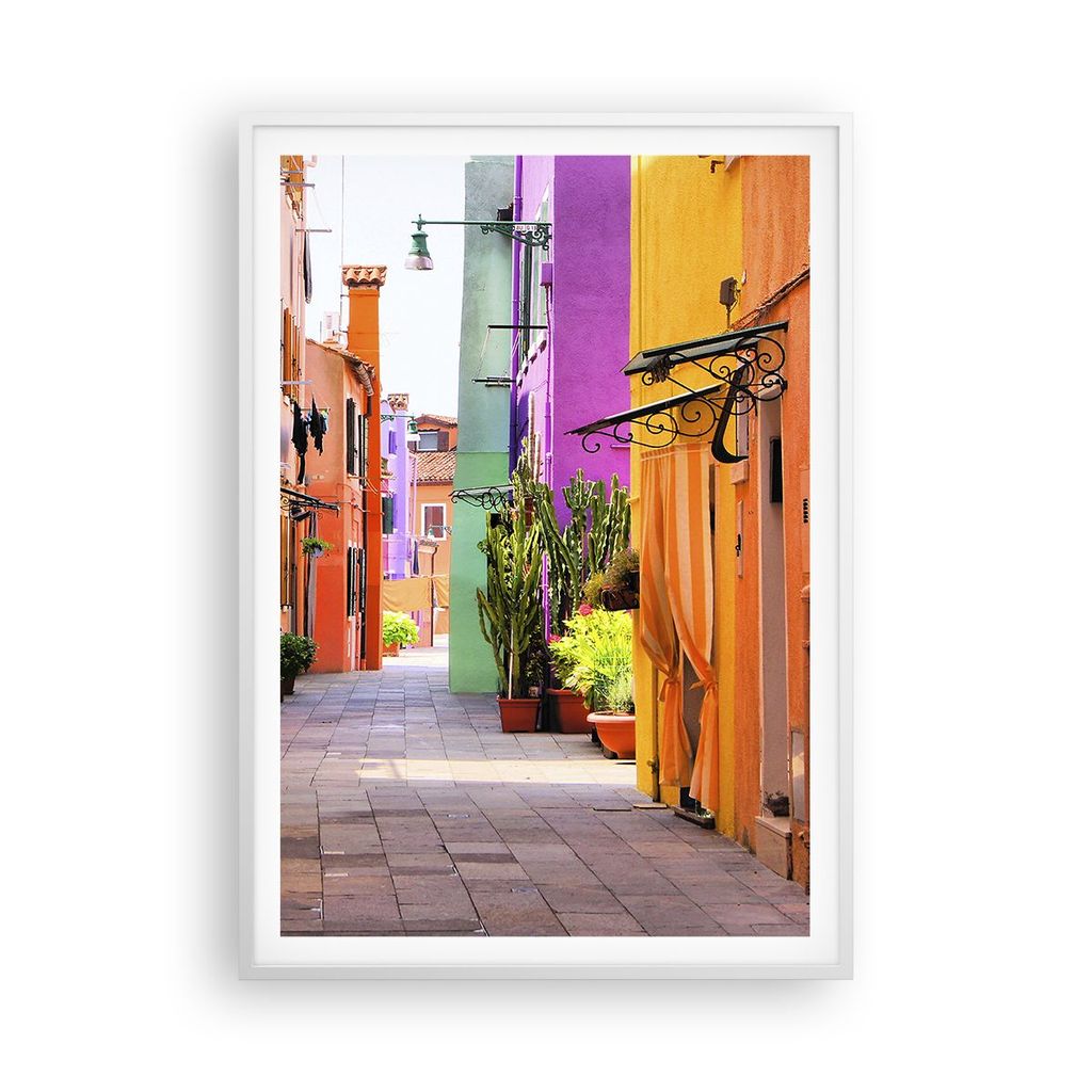 Gerahmtes Poster - Weißer Rahmen - Sommer Straße Haus - 70x100 cm - Wand Bild - Wanddeko - Wandbilder - Kunstposter - Wandposter - Bilderrahmen -...