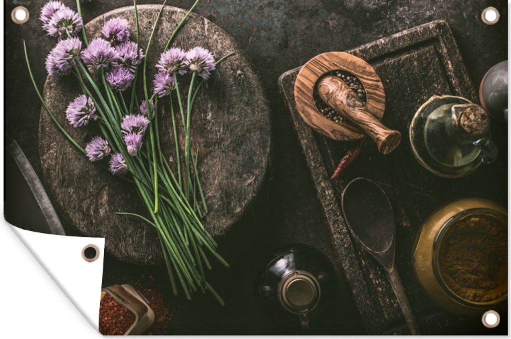 MuchoWow 90x60 cm Outdoor-Poster Gartendeko Sichtschutz Garten Poster für den Garten Schnittlauch - Küche - Mörser - Rustikal - Kräuter - Lila