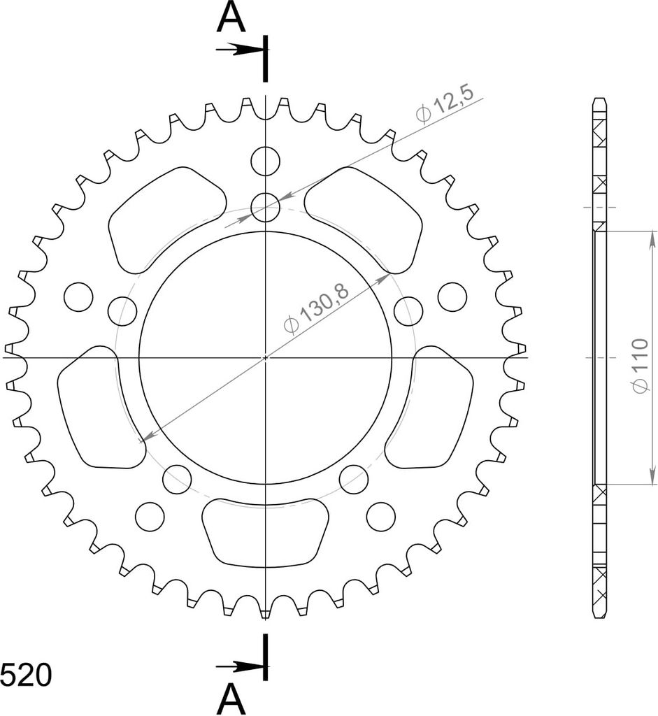 Supersprox Alu-Kettenrad 520 - 43Z (rot) RAL-7_520:43-RED|ID 110,0 LK 130,8 5-Loch