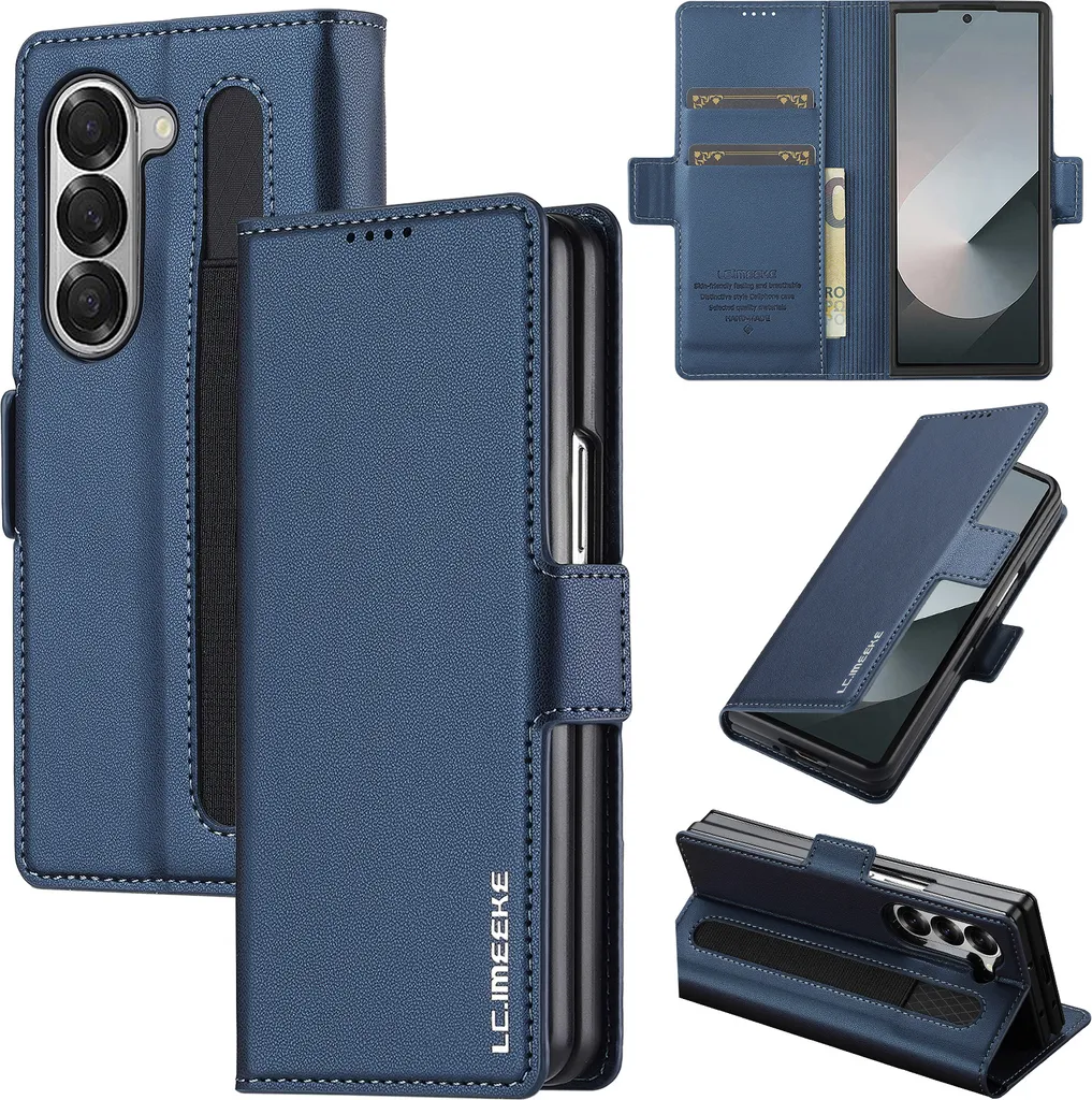 Cover Pelle Samsung Z Fold 5 5G Blu - Custodia Flip con Stand Business