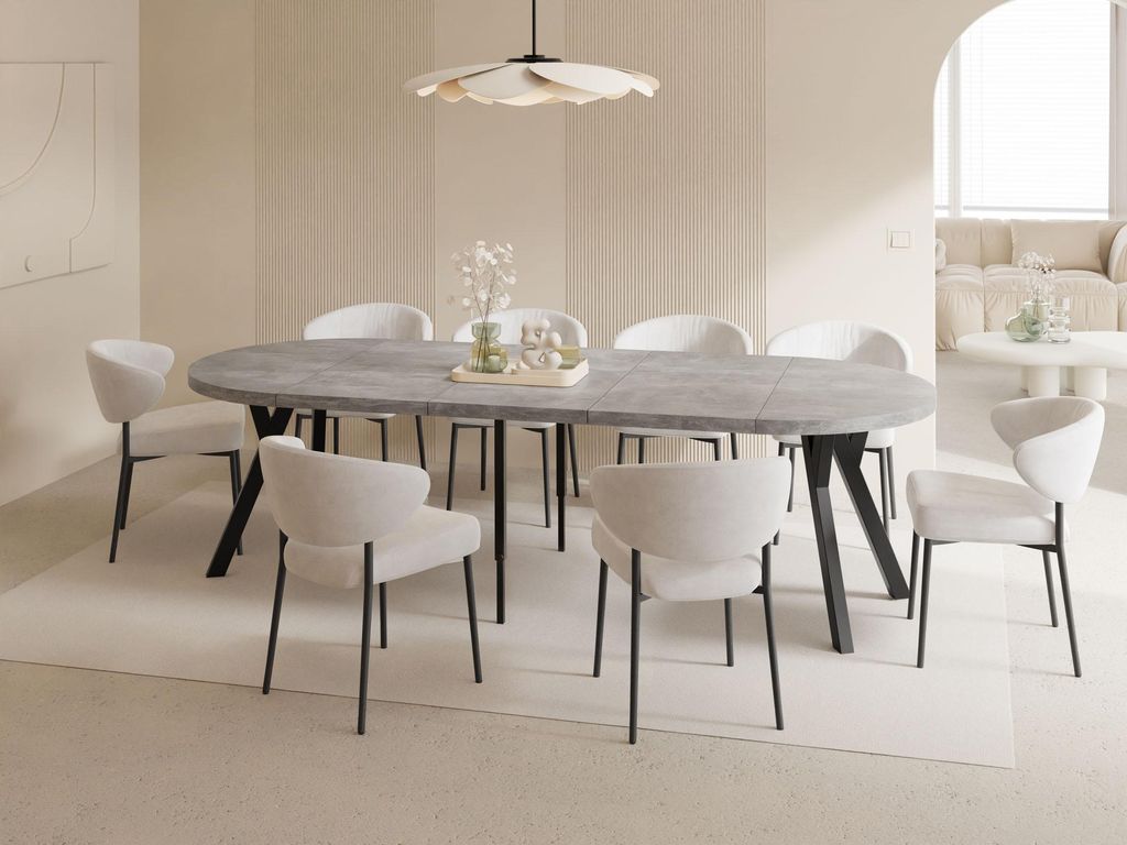Esstisch Rund Groß XXL Ausziehbar im Loft-Stil – 100 bis 250 cm – Extra Lang Ausziehtisch mit Schwarzen Holzbeinen, Industrieller Tisch für 5...